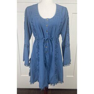 Gretty Zueger 100% Cotton Embroidered Lagenlook Tunic Dress S Blue Fringe Boho